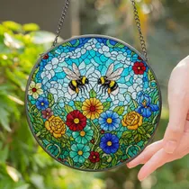 Two Fluffy Bumblebees Blooming Flowers Mosaic Sky Tiffany Stained Glass Jewel Tones Stained Glass Suncatcher