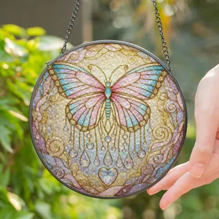 Butterfly Stained Glass Art with Iridescent Crystal Prisms & Celestial Mosaic Detail Stained Glass Suncatcher