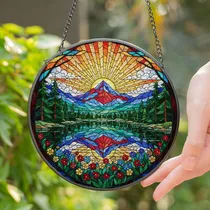Mountain Lake Wildflower Forest Sunrise Sunset Stained Glass Art Home Decor Gift Stained Glass Suncatcher