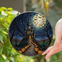 Spooky Gothic Haunted Castle Tiffany Stained Glass Moon Bat Halloween Night Decor Stained Glass Suncatcher