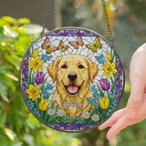 Golden Labrador Retriever Puppy Rocky Stained Glass Spring Flower Butterfly Art - Dog Lover Gift Stained Glass Suncatcher