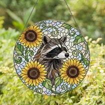 Nature Lovers' Intricate Stained Glass Raccoon Bust & Sunflower Mosaic Dappled Pastel Art Stained Glass Suncatcher