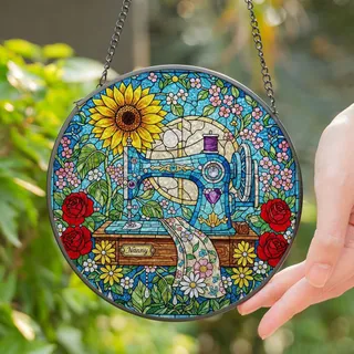 Vintage Sewing Machine Nanny Stained Glass Garden Flowers Art - Grandma Gift Stained Glass Suncatcher