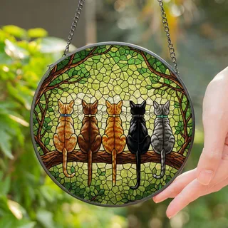 Five Cats Tree Branch Stained Glass Style Mosaic Art - Dappled Sunlight Cat Lover Gift Stained Glass Suncatcher